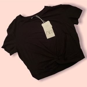 NEW Zara Twist Front Black Short Sleeve Basics Crop Top